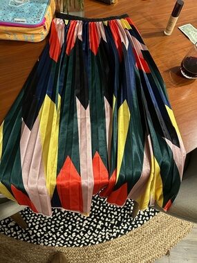 Pleated Multicolor Geometric Midi Skirt - Navy, Green, Red, Yellow, Blush